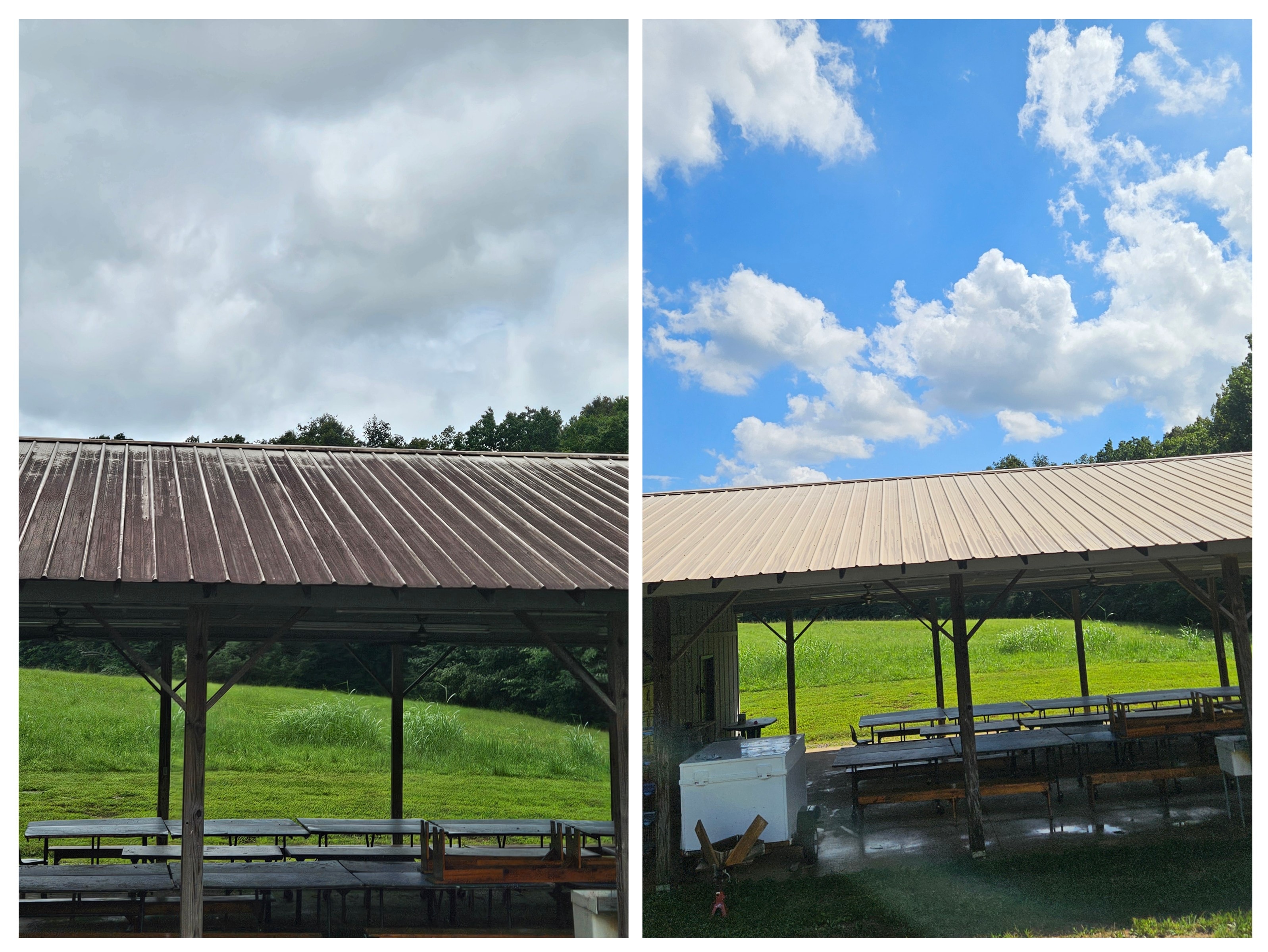 Metal roof before and after softwash cleaning